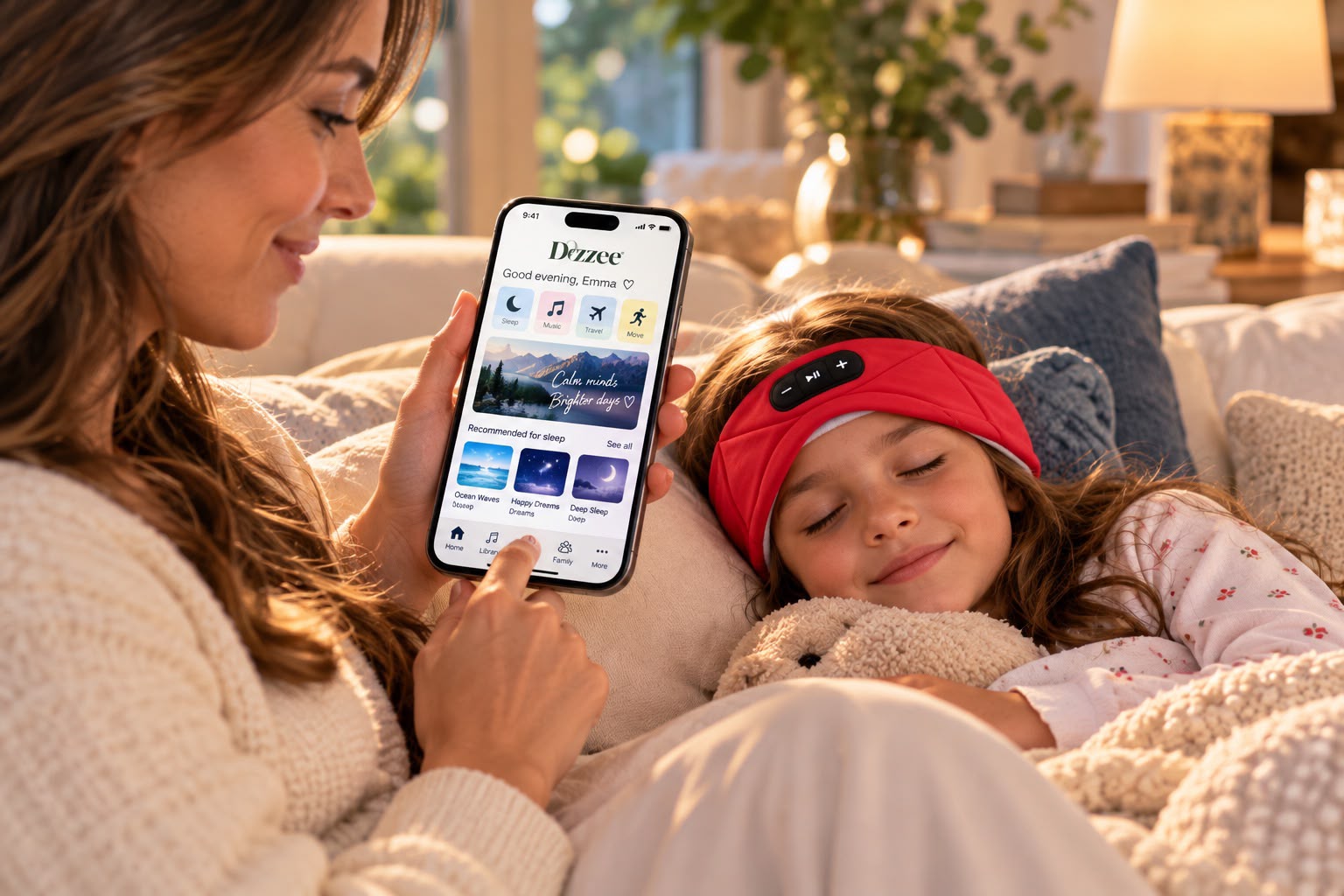 A mum using the Dozzee app while her daughter sleeps in a red band