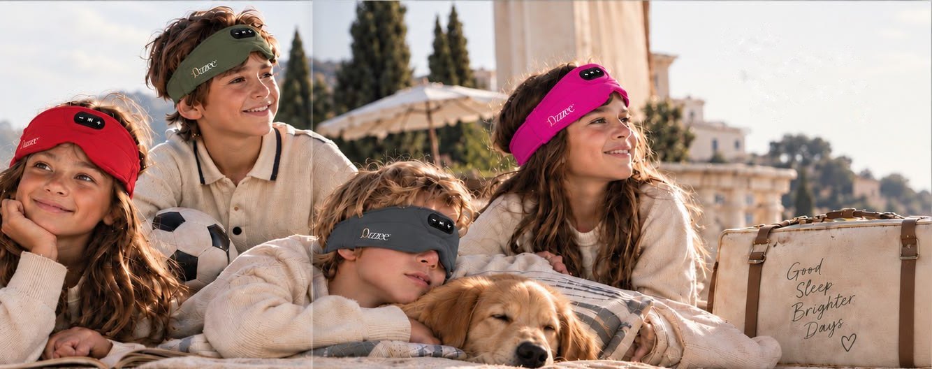Children in Dozzee bands; a boy in Shadow Grey asleep on a golden retriever