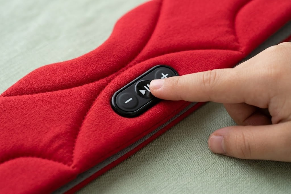 A finger pressing play on the black control panel of a red Dozzee band
