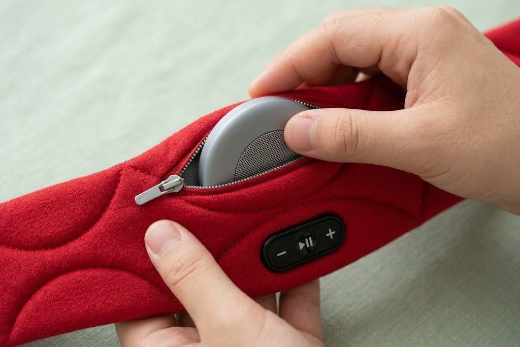 Hands sliding a slim speaker into the zip pocket of a red Dozzee band
