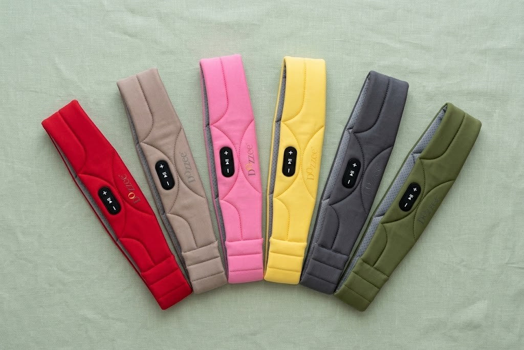 All six Dozzee bands fanned out: Cherry Rush, Toasty Taupe, Pink Pop, Sunny Glow, Shadow Grey and Olive Vibe