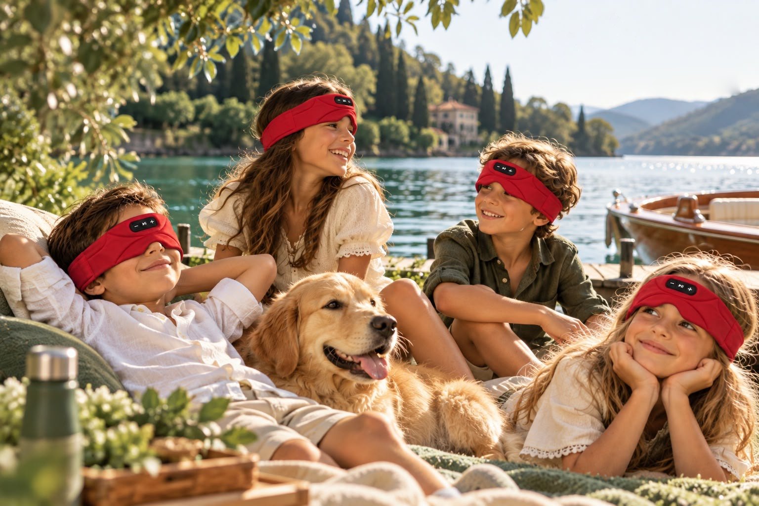 Children in red Dozzee bands relaxing by a lake with a golden retriever