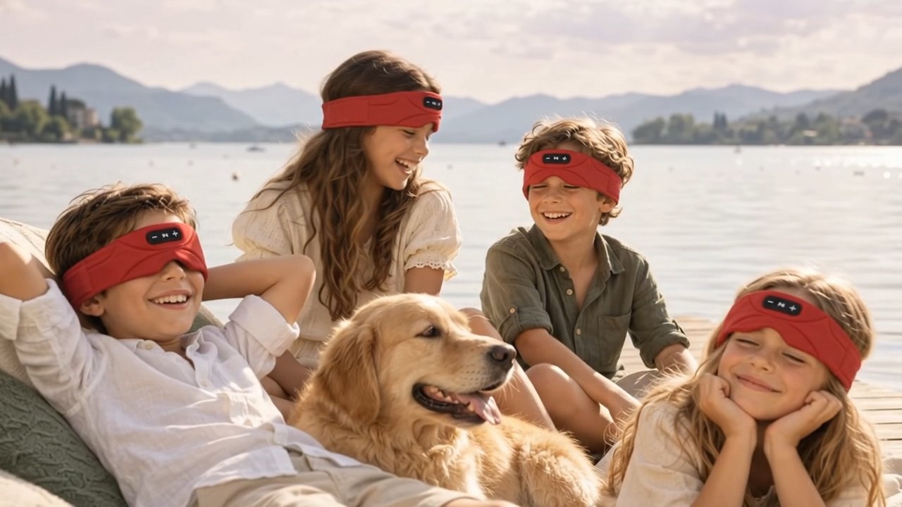Four children and a golden retriever relaxing on a jetty by a lake in red Dozzee bands