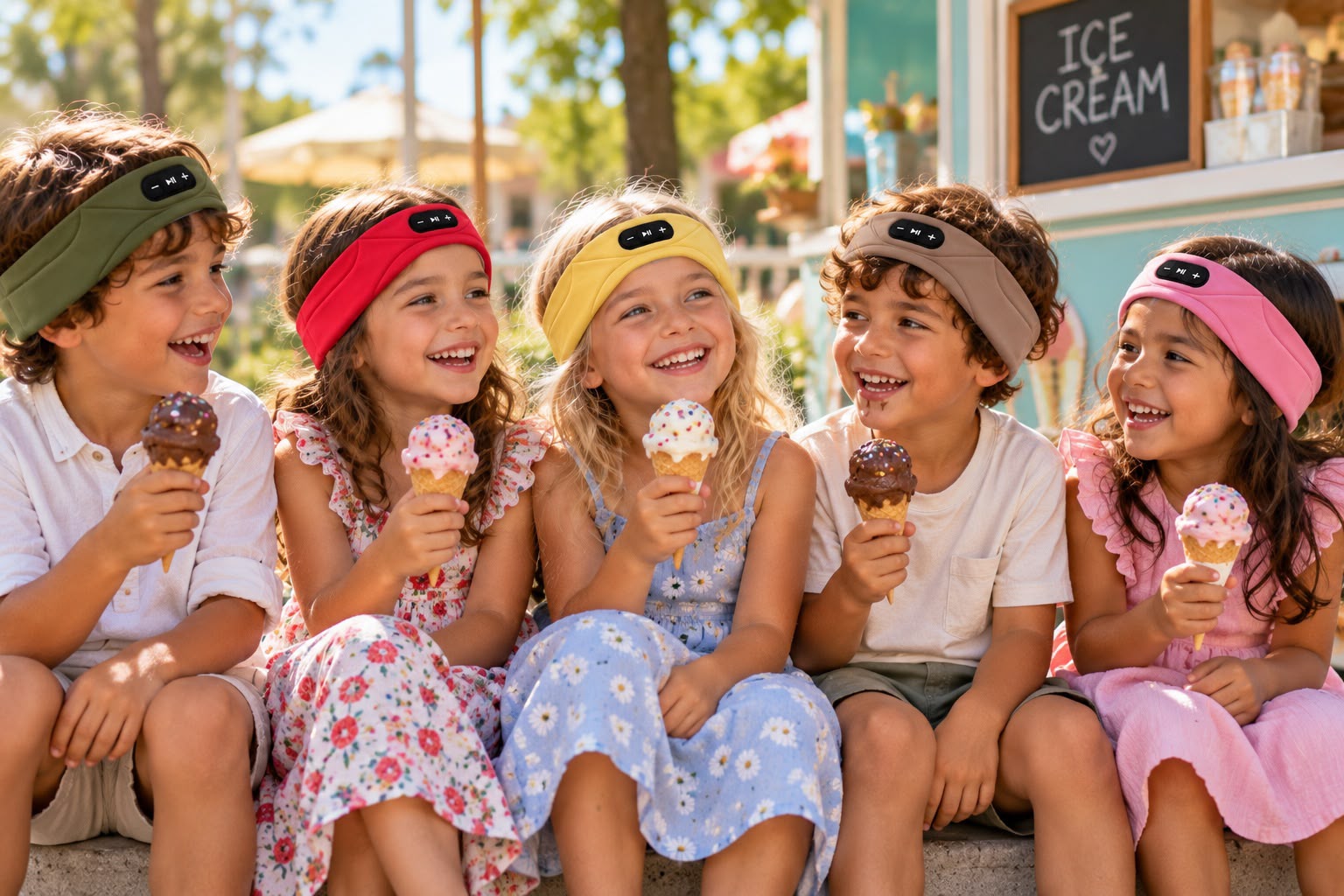 Five children eating ice cream, each in a different colour Dozzee band